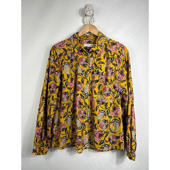 Pilcro Anthropologie Mustard Yellow Floral Paisley Corduroy Button Down Shirt M - Picture 4 of 11